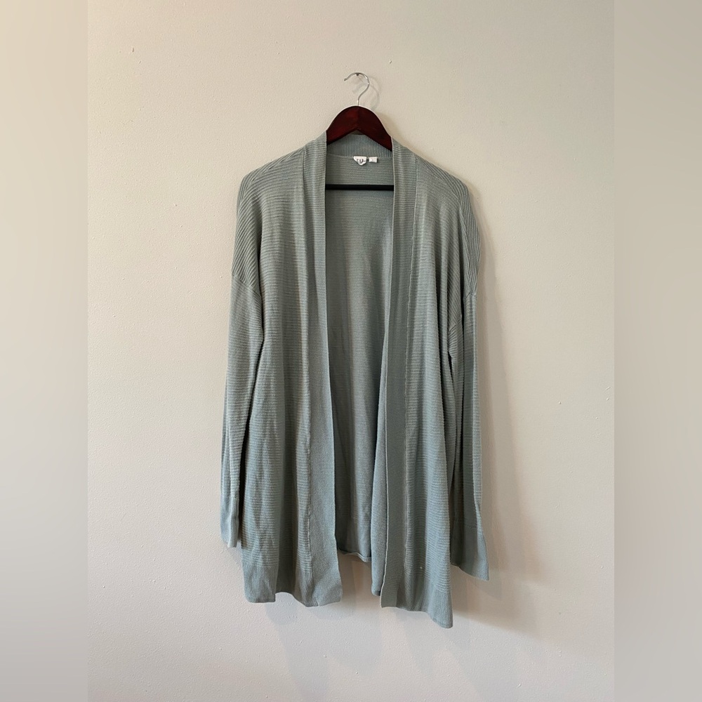 Gap Knit Cardigan Sweater Large *Flaw* Ribbed Sage Green Open Front 100% Cotton